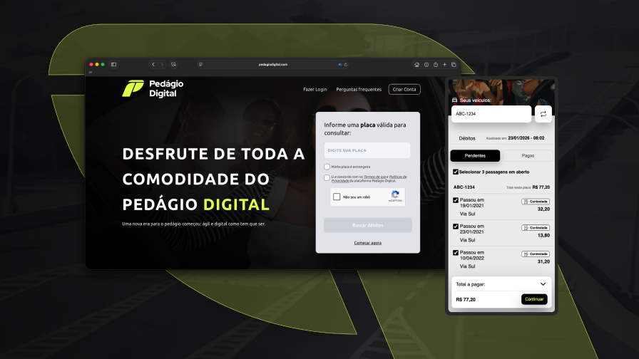 Captura de tela do site  oficial do Pedágio Digital, apresentando interface, e informações sobre débitos de pedágio freeflow