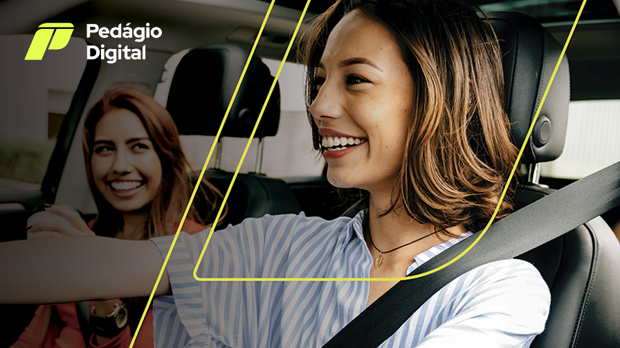 Imagem de duas mulheres dentro  de um veiculo sorrindo, e ao fundo a logo do pedágio digital da Motiva