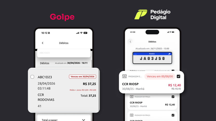 Comparação entre a tela do site oficial do Pedágio Digital e a tela de um site fraudulento