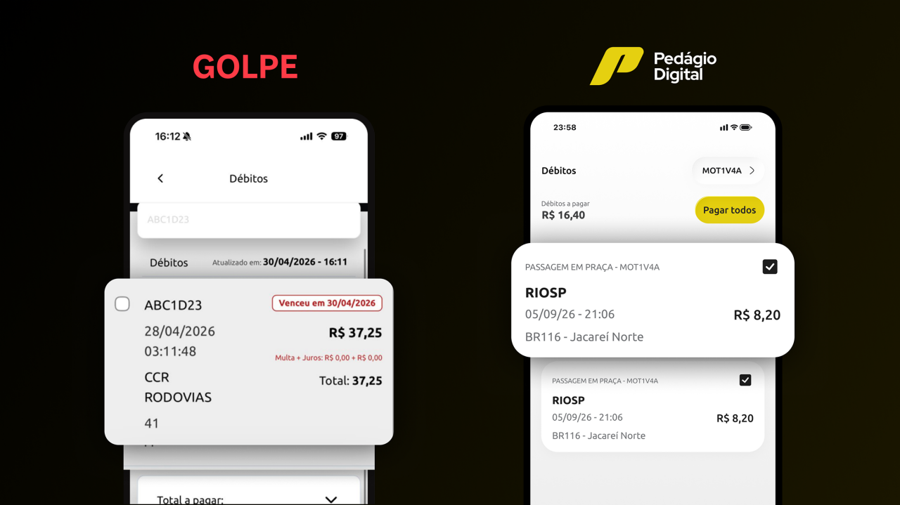 Comparação entre a tela do site oficial do Pedágio Digital e a tela de um site fraudulento