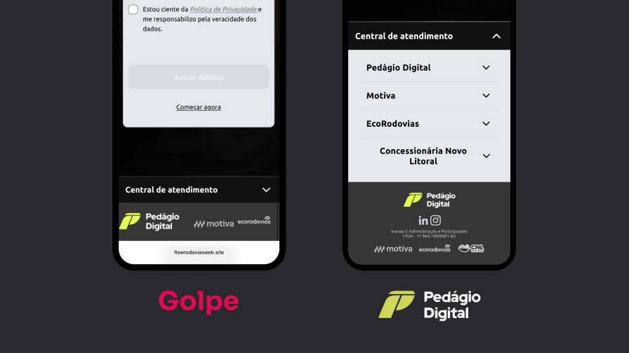 Comparação entre erros visuais de site fraudulento e a aparência correta do site oficial do Pedágio Digital