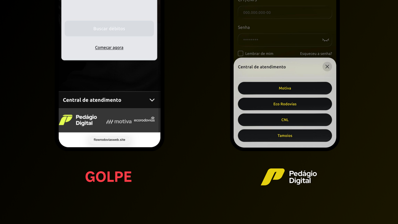 Comparação entre erros visuais de site fraudulento e a aparência correta do site oficial do Pedágio Digital
