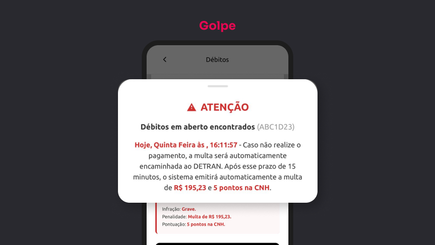 Tela de site fraudulento exibindo alerta falso de multa e ameaça de desconto na CNH para forçar pagamento