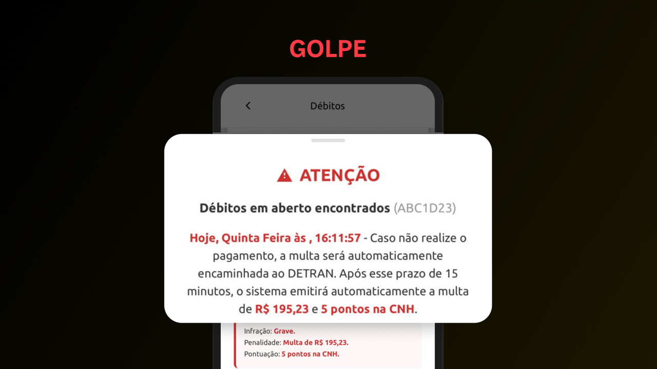 Tela de site fraudulento exibindo alerta falso de multa e ameaça de desconto na CNH para forçar pagamento