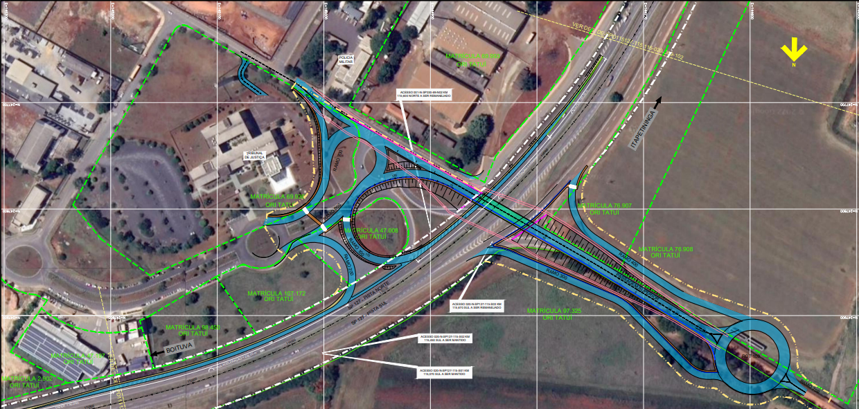 Projeto viário sobre imagem aérea mostrando viaduto no trevo km 115, tatuí mostra rotatórias e alças de acesso em rodovia