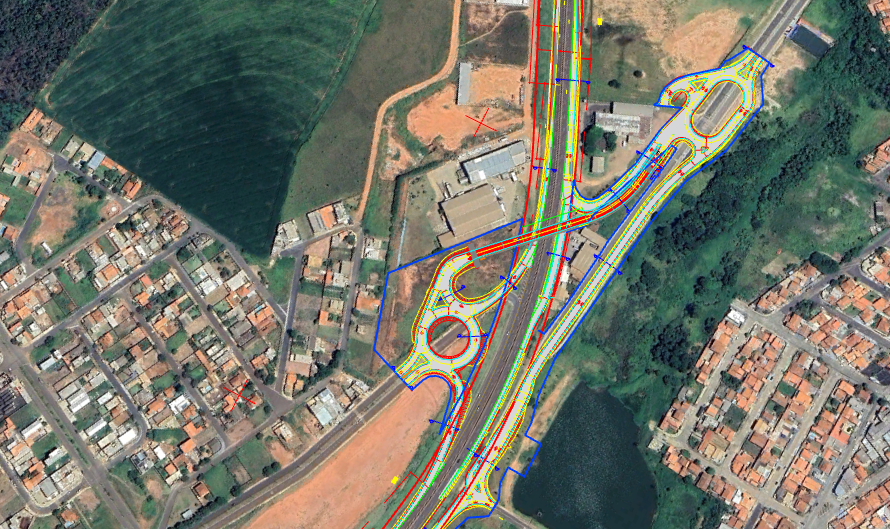 Projeto de obra viária sobre imagem aérea, com implantação de viaduto, rotatórias e novas alças de acesso em rodovia.