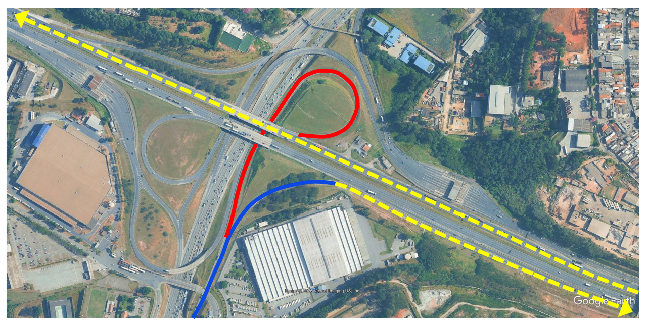 Vista aérea do viaduto no km 24+400 do Rodoanel Oeste em Osasco, com indicação dos acessos e alças durante a obra de recuperação