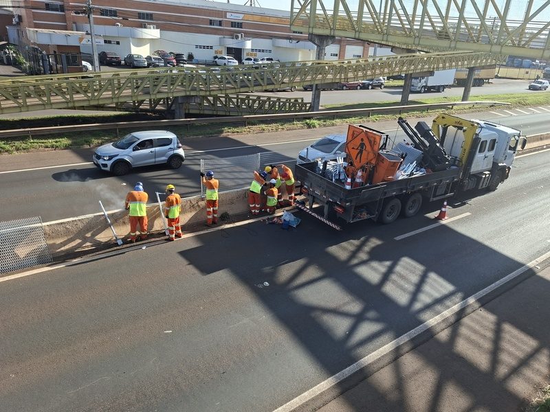 Colaboradores instalam tela de proteção para orientar uso de passarela ao atravessar rodovia no km 80 da PR-445 em Londrina - Crédito Comunicação PRVias