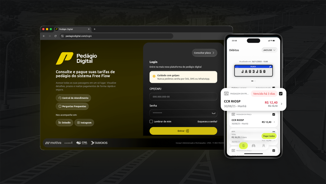 Captura de tela do site  oficial do Pedágio Digital, apresentando interface, e informações sobre débitos de pedágio freeflow