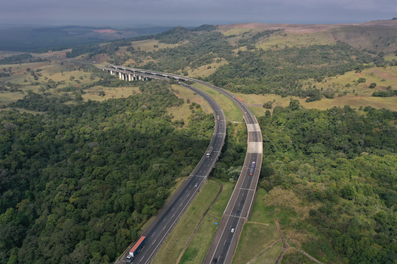 Rodovia de mão dupla, administrada pela CCR SPVias, cercada por vegetação