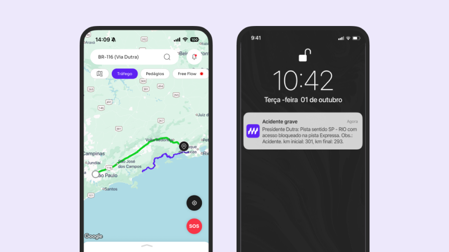 Imagem com dois smartphones: à esquerda, mapa da BR-116 (Via Dutra) com rota e tráfego; à direita, notificação de acidente grave bloqueando pista